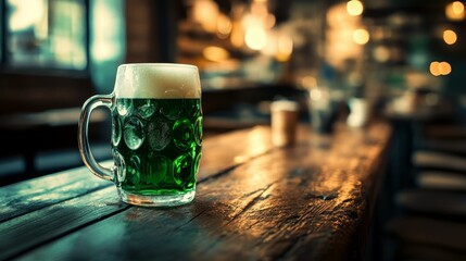 Wall Mural - Beer mug with green beer in cozy rustic cafe. Green beer background