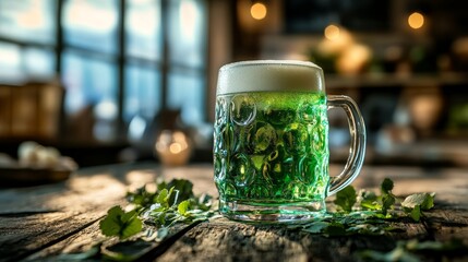 Wall Mural - Beer mug with green beer in cozy rustic cafe. Green beer background