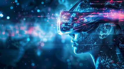 Poster - Person wearing a VR headset, immersed in a digital world. The image depicts the future of technology and the possibilities of virtual reality.