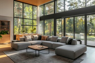 Interior of light living room with cozy grey sofas near big window, ai