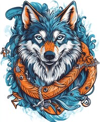 Canvas Print - A stylized wolf surrounded by blue waves and an orange lifebuoy.