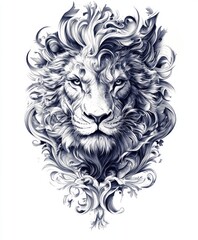 Canvas Print - A detailed illustration of a lion's head surrounded by ornate floral patterns.