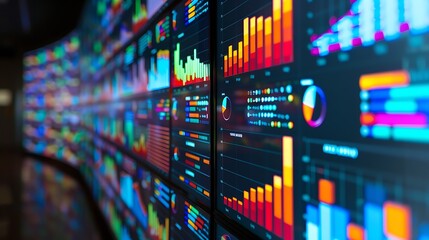 Poster - Wall of screens displaying various data visualizations, such as graphs, charts, and dashboards, representing data analytics and business intelligence.