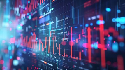 Poster - Vibrant abstract visualization of data with charts and graphs, representing digital information flow, technology, and analysis.
