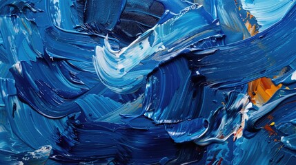 Closeup of rough dark blue art painting with oil or acrylic brushstrokes