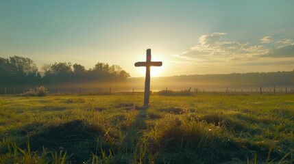 Autumn sunrise reveals a cross standing in a tranquil meadow. Ascension Day theme captured in early morning light.