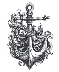 Canvas Print - A detailed anchor illustration entwined with waves and ropes, symbolizing maritime themes.