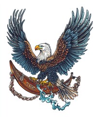 Sticker - An eagle with outstretched wings perched on a boat, surrounded by chains and water.