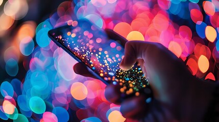 Poster - Hand holding a smartphone with a blurred background of colorful bokeh lights. The screen of the phone is also reflecting the lights, creating a beautiful abstract pattern.