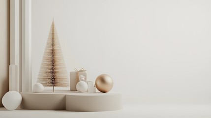 Wall Mural - Abstract Illustration of a Christmas Tree with a Gift Box and a Little Santa. Features a Unique Design with Golden Elements and a White Background for a Modern and Elegant Holiday Look.