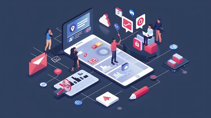 Poster - Modern illustration showcasing the intricate process of mobile app development and integration image highlights the key elements including user interfaces networking data analytics and collaboration.