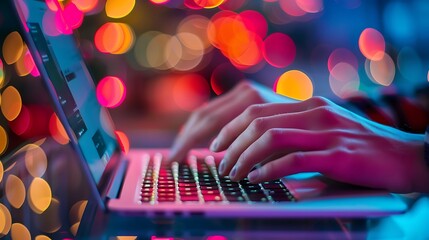 Poster - Close-up of hands typing on a laptop keyboard with a blurred background of colorful lights. The image showcases a modern workplace setting with technology as the main focus.