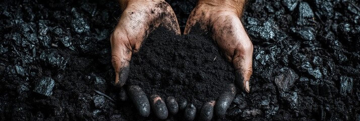 Close-up of hands holding biochar-enriched soil, showcasing the dark, rich texture and improved soil quality. This image symbolizes sustainability, environmental responsibility, soil health, and the p