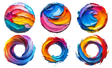 Colorful swirl paint effects set in circular patterns isolated on transparent background