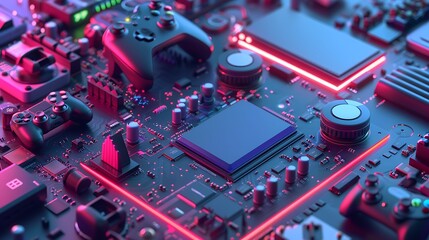 Poster - Close-up view of a circuit board bathed in neon light, showcasing the intricate network of electronics that power our digital world.