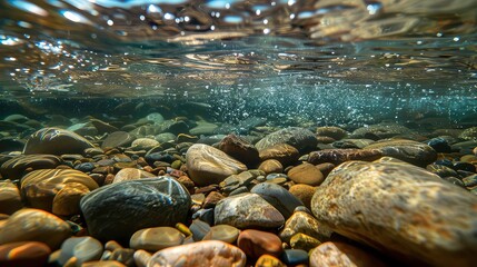 Underwater view of a riverbed with smooth rocks and sunlight filtering through the water.