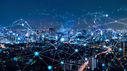 Poster - breathtaking night shot of a futuristic city illuminated with glowing lights, connected by an intric