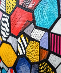 Poster - Close-up of a colorful abstract geometric pattern with various textures and shapes.