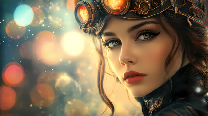 Poster - Generative ai illustration of serious young female wearing steampunk style outfit and vintage headdress looking at camera against blurred background. Steampunk. Illustration