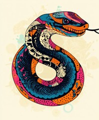 Poster - A vibrant, stylized illustration of a snake with intricate patterns and colors.