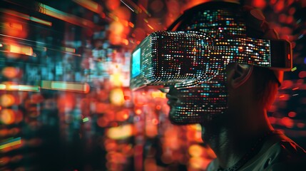 Poster - man wearing vr virtual reality headset with colorful pattern blue screen for futuristic modern digit