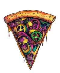 Sticker - A vibrant, artistic pizza slice filled with colorful toppings and dripping cheese.