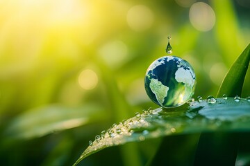 Water, drop and leaf with earth for sustainability and awareness of climate change, nature and environment. Globe, plant and droplet on blade of grass for eco friendly, future and clean energy , ai