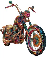 Poster - A vibrant, intricately designed motorcycle with colorful patterns and artistic elements.