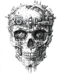 Poster - A detailed mechanical skull design combining human and technological elements.