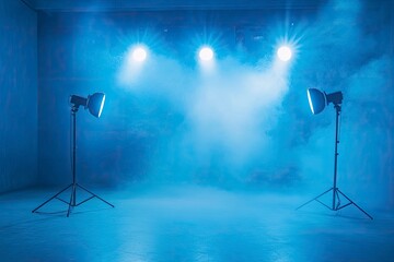 Wall Mural - Studio stage lighting pastel blue tone color for product display showcase demonstration decoration. Abstract spot light glowing flaring photo studio setup stage backdrop , ai