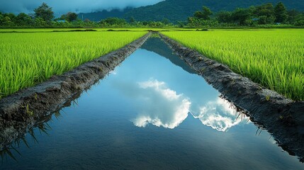 Wall Mural - Tranquil Reflection in a Paddy Field