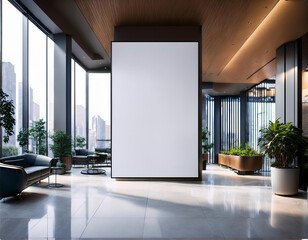 Modern concrete gallery interior with empty white mock up billboard and decorative plant. Exhibition 