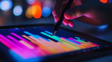 Poster - Close-up of a tablet displaying a multicolored bar graph, with a stylus pen in hand