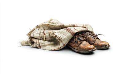 An old pair of shoes is partially hidden under a frayed blanket, highlighting themes of wear and forgotten belongings