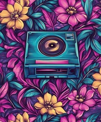 Canvas Print - A vibrant illustration featuring a retro camera surrounded by colorful flowers and leaves.