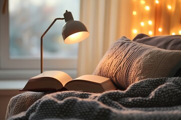 Wall Mural - A cozy bedroom with a book and a reading lamp on the bedside table.