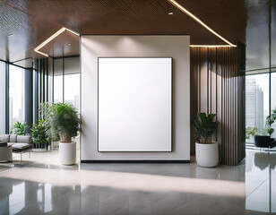 Modern concrete gallery interior with empty white mock up billboard and decorative plant. Exhibition 