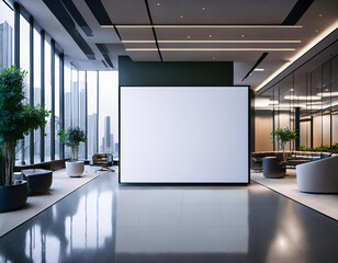 Modern concrete gallery interior with empty white mock up billboard and decorative plant. Exhibition 