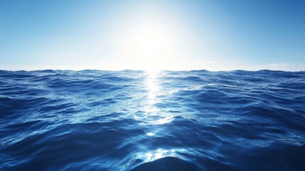 Poster - Deep blue ocean waves under a clear sky, sunlight reflecting on the water surface