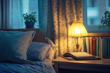 Wall Mural - A cozy bedroom with a book and a reading lamp on the bedside table.