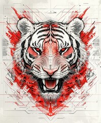 Poster - A fierce tiger's head with red accents and abstract designs.