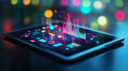 Poster - Digital tablet displaying a complex graph with analytics icons and technology overlays