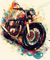 Wall Mural - A vibrant artistic illustration of a motorcycle with colorful splashes and dynamic design.