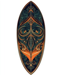 Wall Mural - Ornate surfboard design featuring intricate swirls and patterns in dark and orange hues.