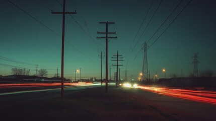Poster - Electric poles along a highway, with cars speeding by, symbolizing modern infrastructure and the movement of energy across long distances.