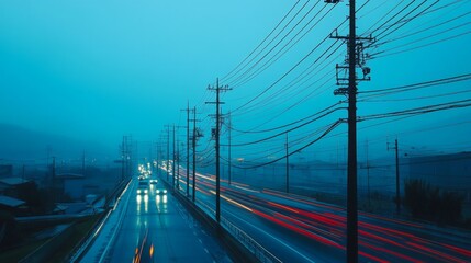 Poster - Electric poles along a highway, with cars speeding by, symbolizing modern infrastructure and the movement of energy across long distances.