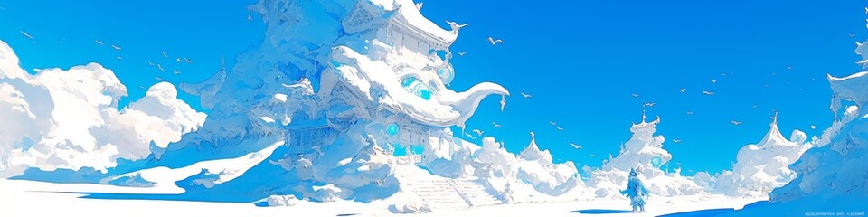 Whimsical Winter Naadam Snow Sculpture: Enchanting Anime-Style Illustration for Cultural Celebration. Vibrant and Soothing Artwork Perfect for NFT, Wallpaper, Apparel Design, and Seasonal Marketing. E