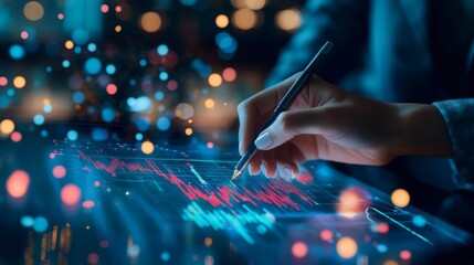 Poster - Financial analyst with a digital pen drawing on a holographic graph projection