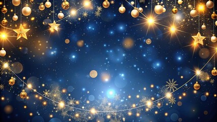 Wall Mural - Abstract holiday background with dark blue hues, golden particles, and Christmas lights , festive, warmth, winter