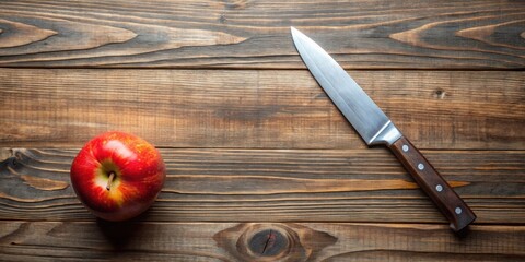 Knife and apple placed on wooden table , knife, apple, table, fruit, kitchen, cooking, cutting, healthy, nutrition, sharp, red